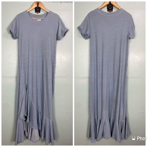 Free People Beach Havana Tee Dress Flowy Slouchy Maxi Ruffle Sz M Blue - Picture 2 of 7